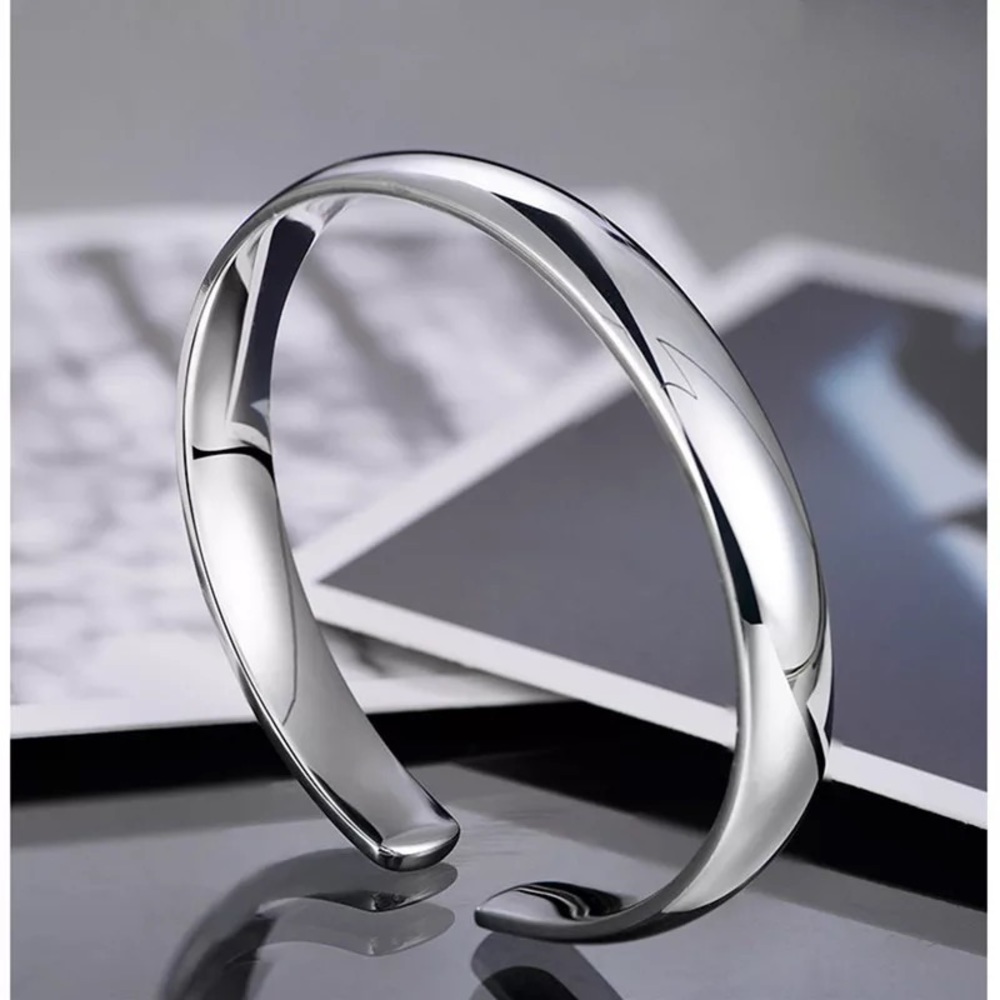 Sterling Silver plain flat open-mouth bangle - Picture 6 of 7